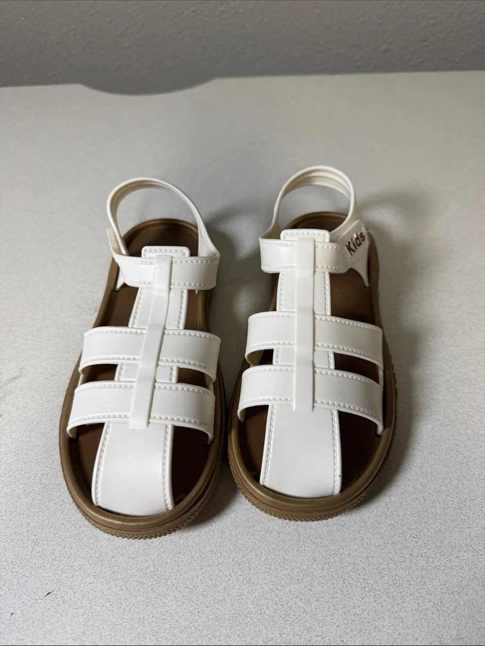 Kids Cream Closed-Toe Sandals with Brown Sole - Secure Hook & Loop